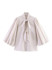 HH Women Elegant Striped Casual Spring Shirt Puff Sleeves Bow Decoration Blouse Female Loose Versatile Single-breasted Blouse