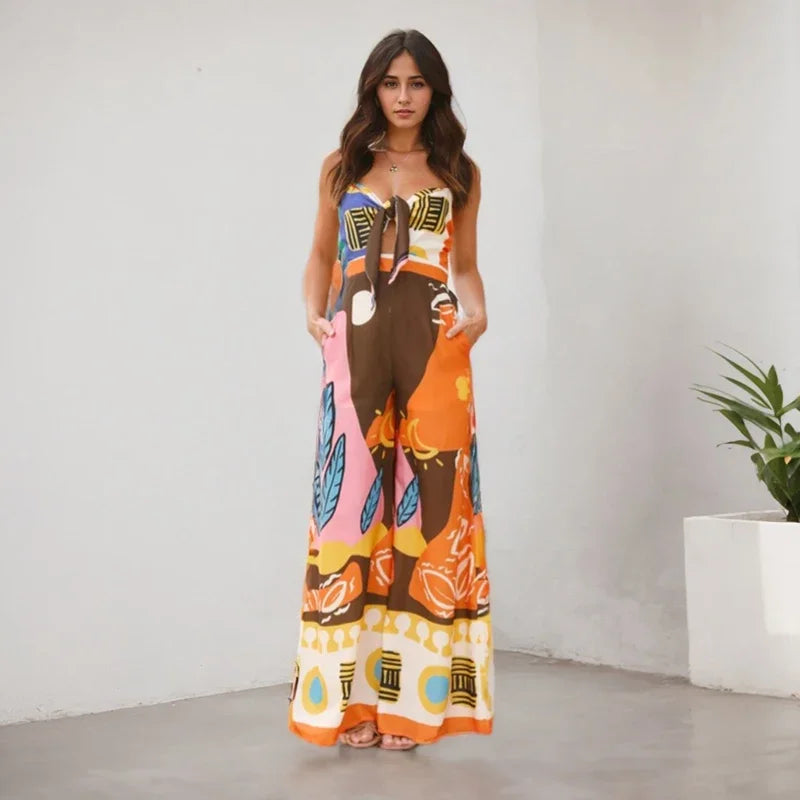 Summer Holiday Sleeveless Jumpsuit Pants for Women Beach Style Backless Print Patchwork Lace Up V-neck Waist-closing Jumpsuit