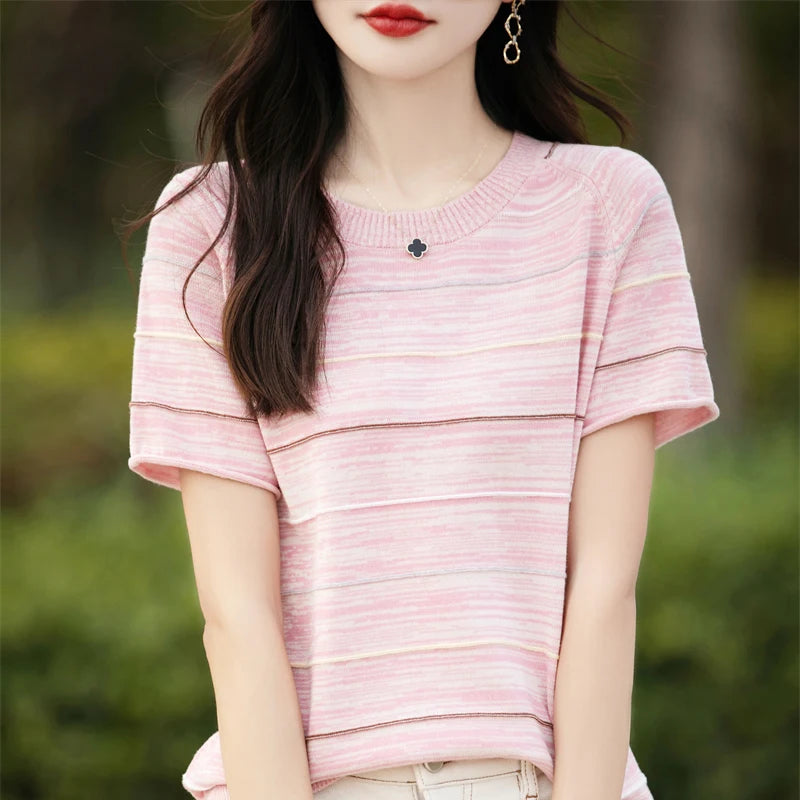 Women's T-shirts Summer New 100% Cotton Short Sleeve Casual Striped Knit Blouse Round Neck Tops Loose Pullover Tees