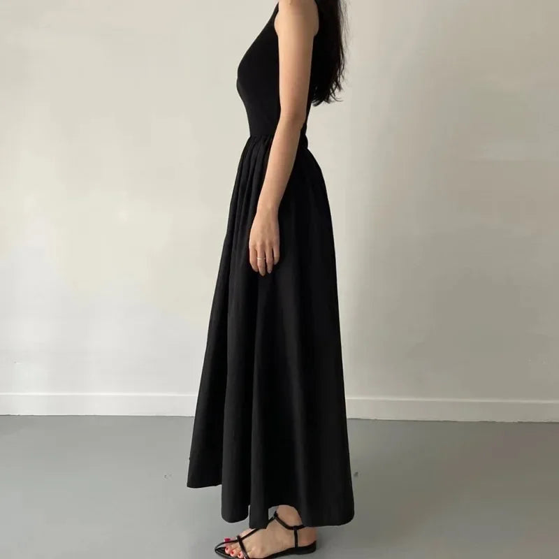 Female Fashion Style Dress New Summer Simple Elegant Black Long Dresses For Women Round Neck Sleeveless High Waist Temperament