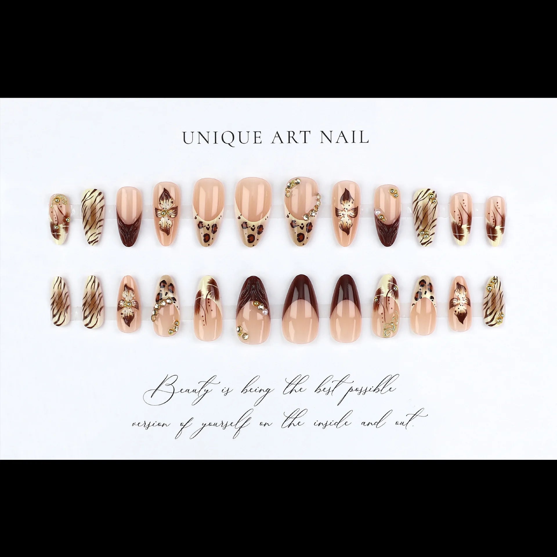 Medium fake nails for women Gradient nude brown blue flowers or rhinestones fall winter almond tips press on false nail art set