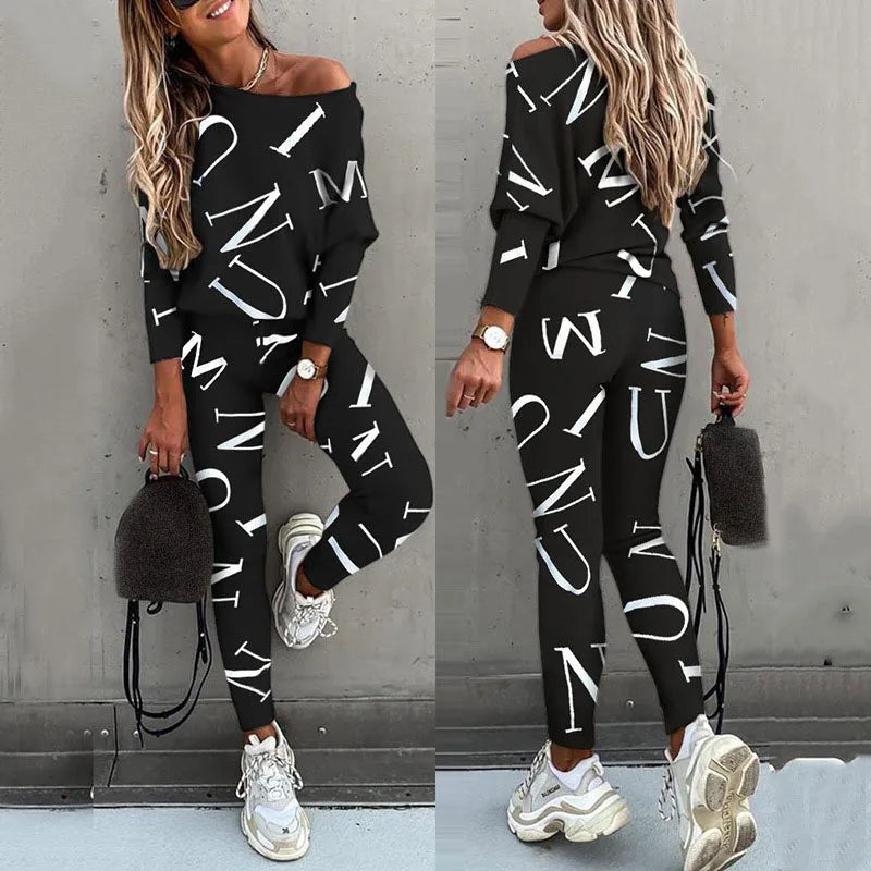 Women's Yoga Set Soft Outfit Letters Print Long Sleeve Top Spring Tracksuit Casual Sports Fitness Yoga Suit
