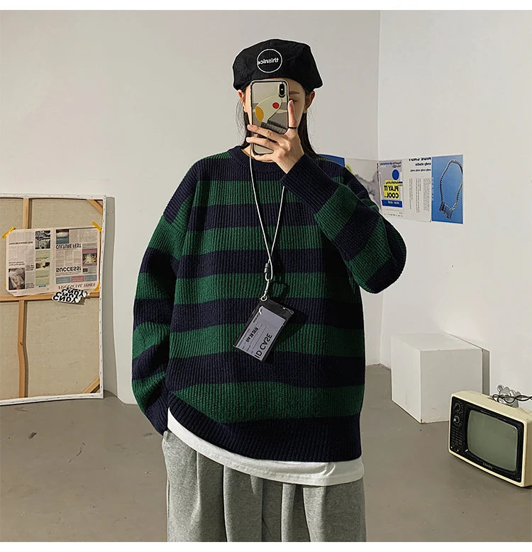 Striped Knitted Sweater Men Women Vintage Tate Langdon Loose Sweaters Harajuku Green Warm Autumn Jumper Pullover Unisex Casual
