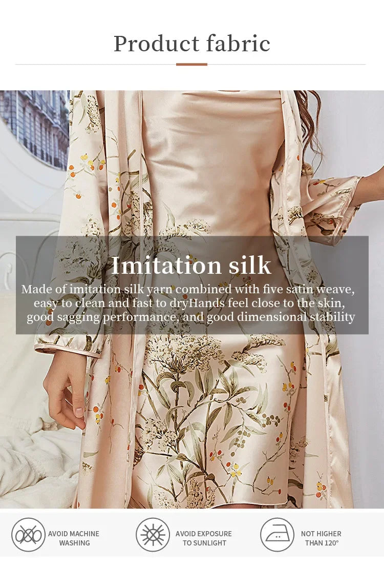 2-pcs Women's Nightgown Women's Pajamas Satin Dress Sexy Slip Dress Women's Silk Robe Satin Woman Nightie Home Suit for Women