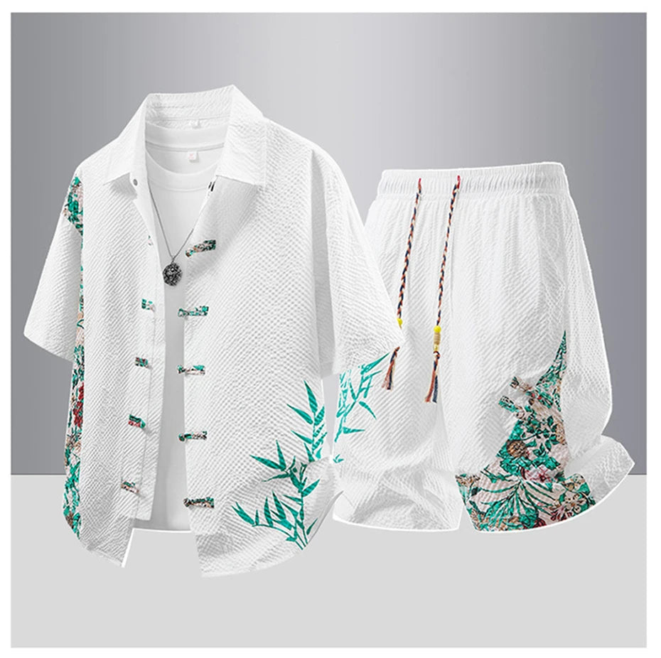 Summer Tracksuits Men Traditional Chinese Style Suit Shirt Shorts Tang Suit Male Fashion Casual Summer Sets