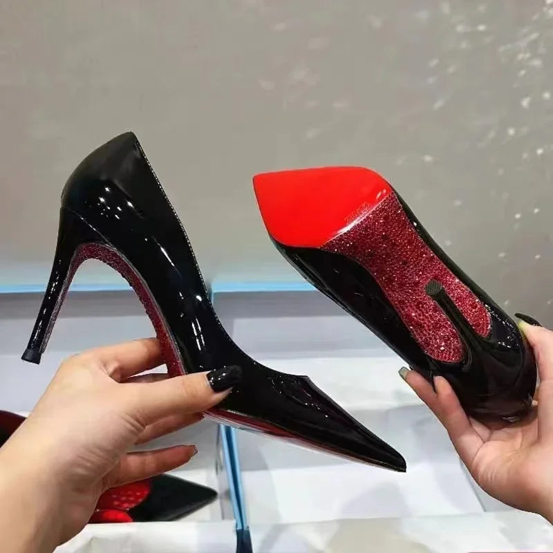 High Heels Women's Slim Heels New Stunning and Sexy Wedding Shoes Black Patent Pointed Single Shoes High Heels Туфли Женские