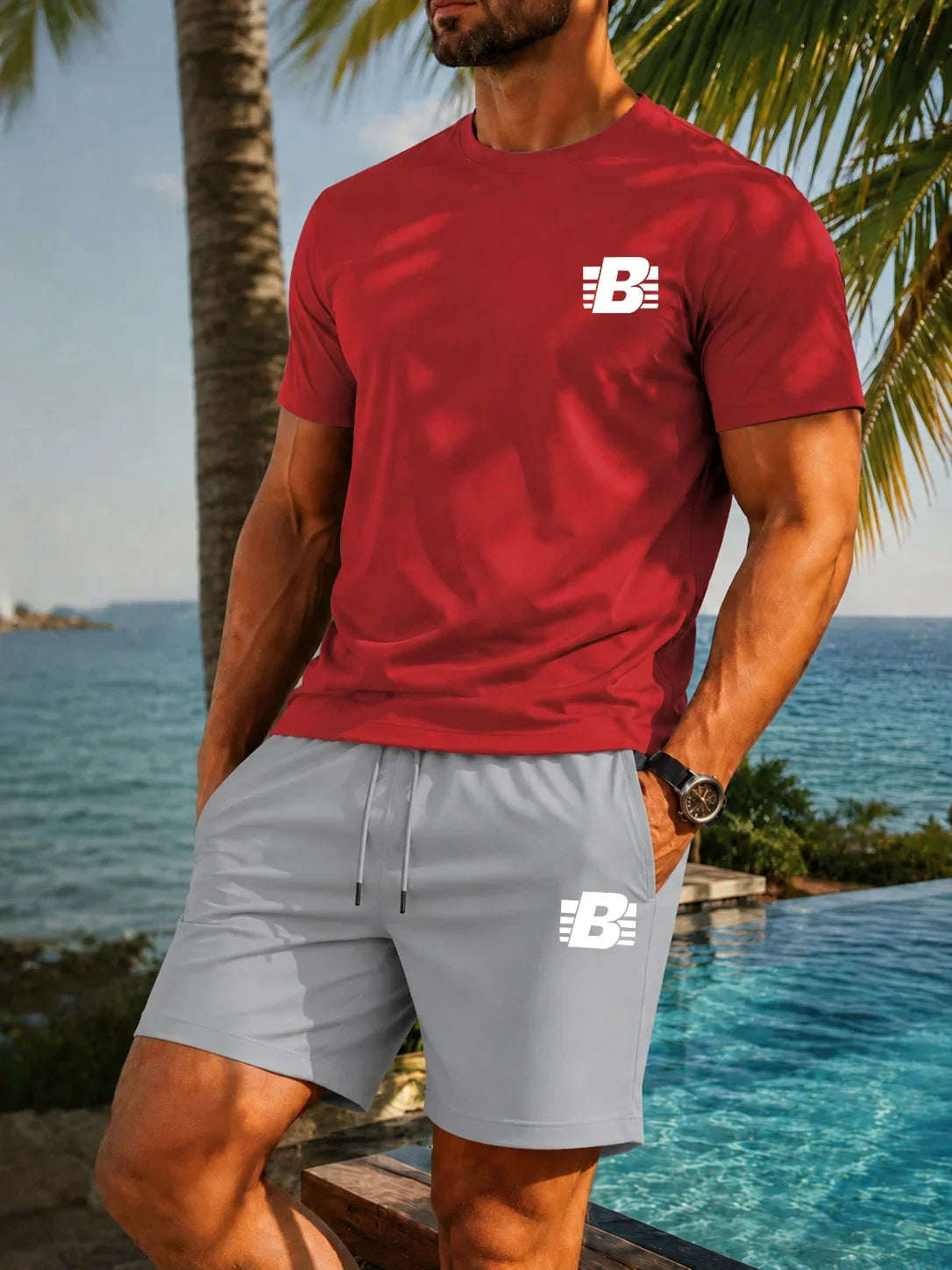 Men's 2-Piece Tracksuit Casual Sportswear Set Short Sleeve T-Shirt + Shorts Quick Dry Breathable Gym Fitness Running Outfit