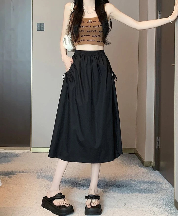 Drawstring Cargo A-Line Midi Skirt