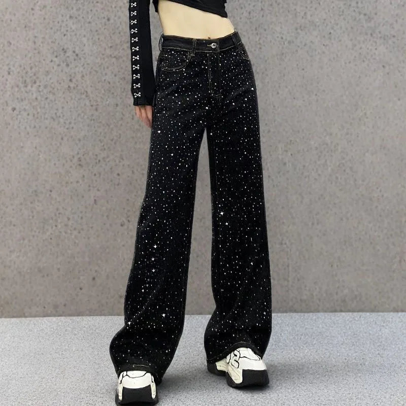New Female Black Jeans Are Cool Studded With Diamonds. Casual Denim Trousers High-waisted, Straight-leg Wide-leg Pants Women's