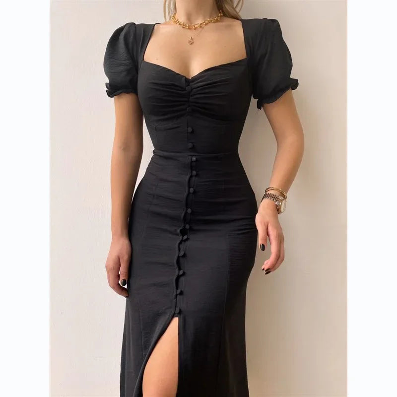 Elegant Dresses Women Summer Sexy Dress 2024 New V-Neck Single Breasted Short Puff Sleeves Solid High Waist Hem Split Midi Dress