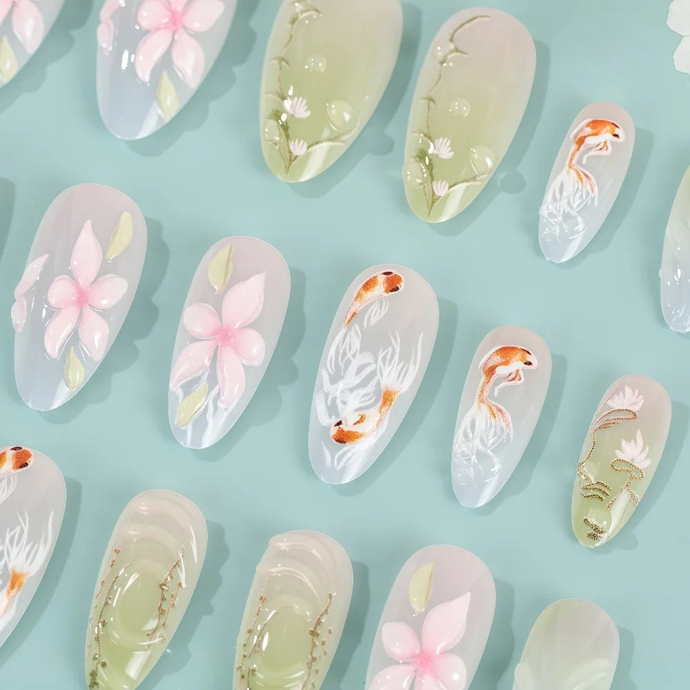 Medium fake nails for women Gradient nude brown blue flowers or rhinestones fall winter almond tips press on false nail art set