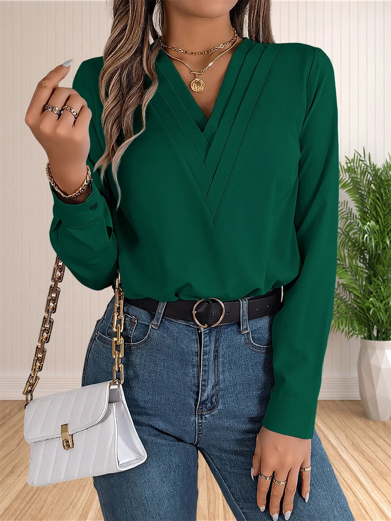 Elegant Layered V-Neck Work Blouse