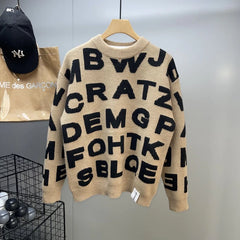 Sweater Men's Clothing Winter Full-print Letter Jacquard Loose Thickened Design Round Neck Top Trendy American Style Sweater