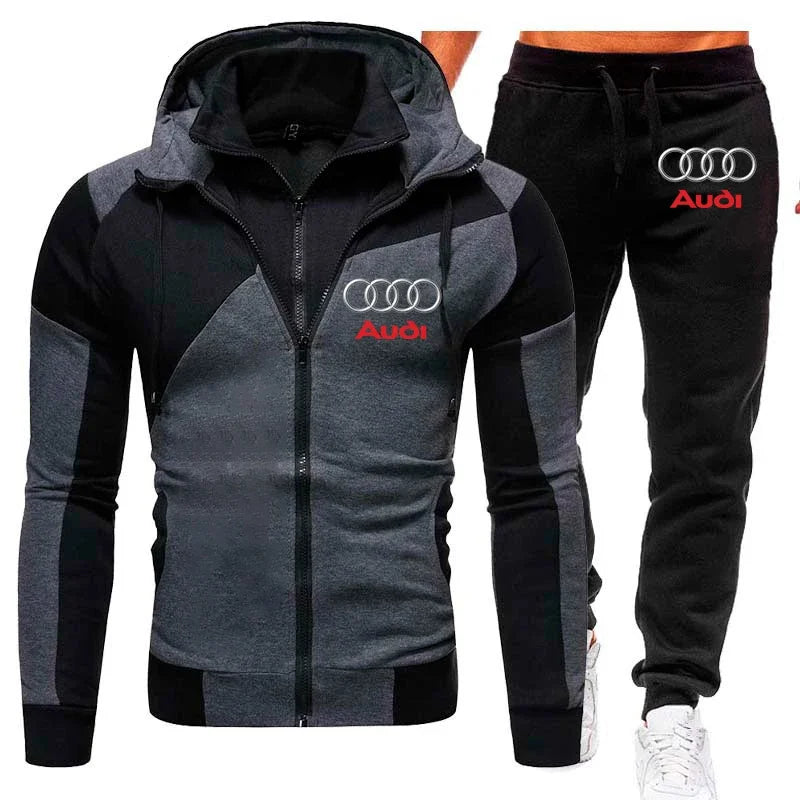 Tracksuit Audi Car Logo Print Sportswear 2 Pieces Sets Warm Fleece Clothing Hooded Sweatshirt+Pants Sport Suit Audi Men Clothing