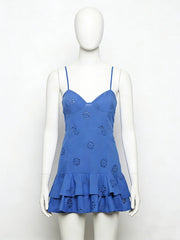 Women Fashion With Ruffled Cutwork Embroidery Mini Dress Vintage Backless Elastic Thin Straps Female Dresses Vestidos