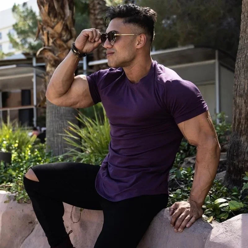 Muscle Training T-shirt Men's Summer Workout Short Sleeve T-shirt High Quality Cotton Fitness Men T-shirt Gym Solid Color Tops