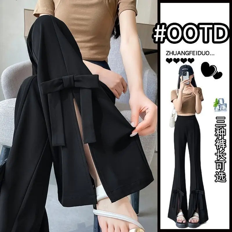 Women's Wide-Leg Pants High-Waisted with Bow Tie Detail Side Slits