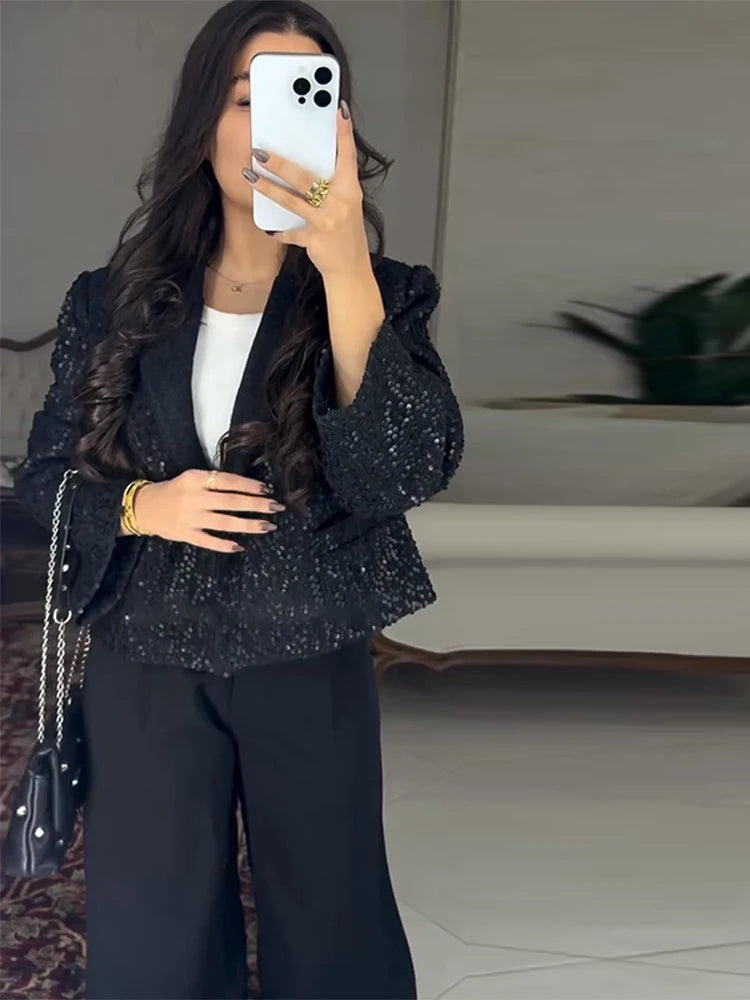 Elegant Cropped Sequin Blazer Jacket