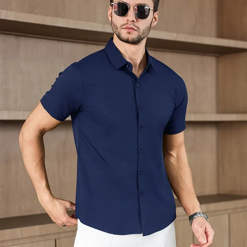 New Men's Business Casual Solid Color Short Sleeved Shirt for Summer Fashion No Ironing Comfortable and Versatile Top