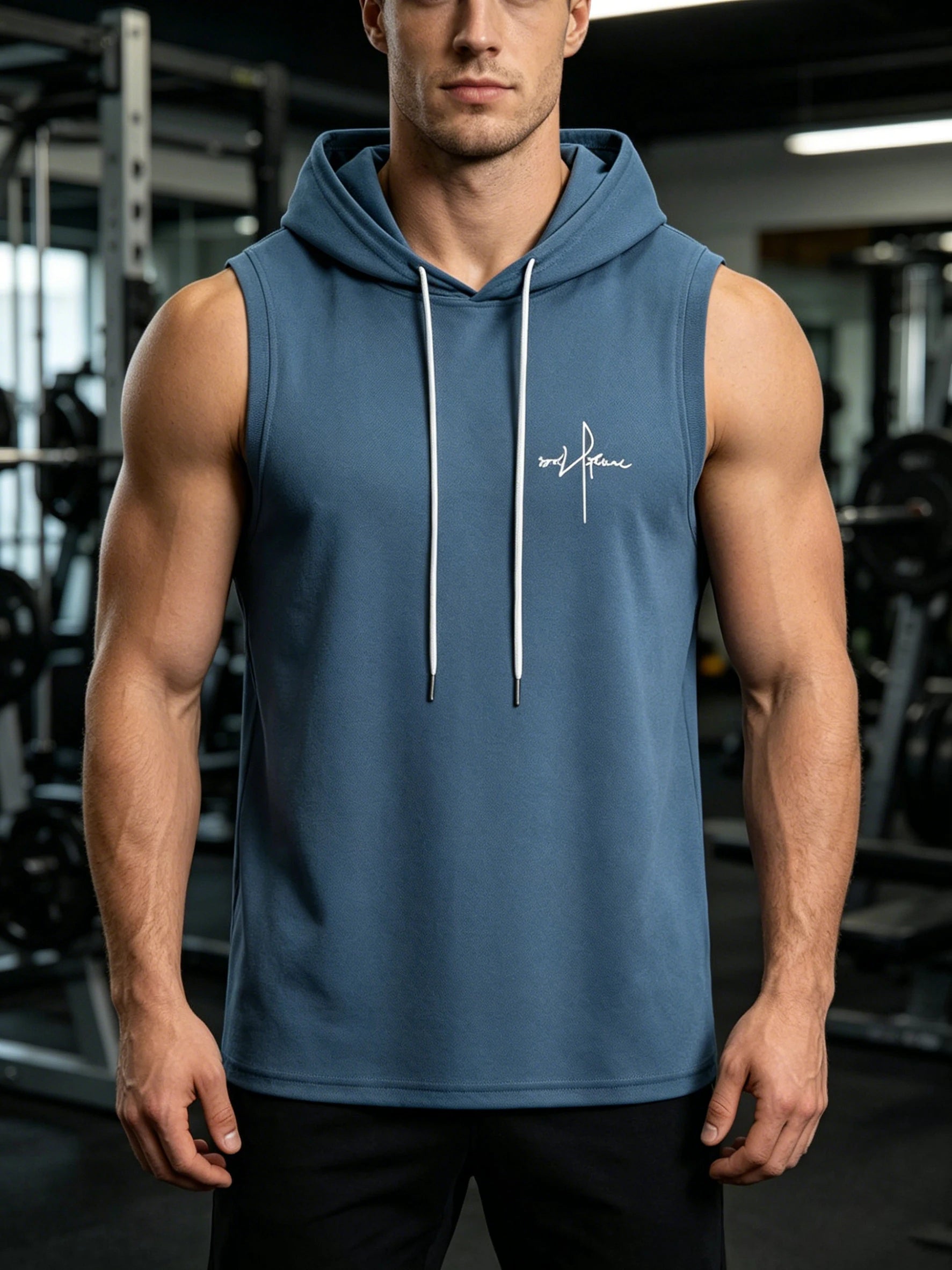 Summer Men‘s Workout Tee Running Training Hooded Sleeveless Gym Fitness Top Fashionable Loose Quick Drying Sports Tank Top