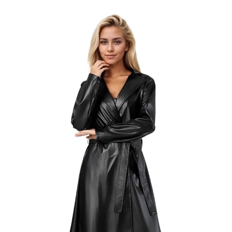 Fashion Turn Down Collar Pu Coat Work Street Wear Tight Waist Jacket Outerwear Women Mid Length Coats Faux Leather Jackets