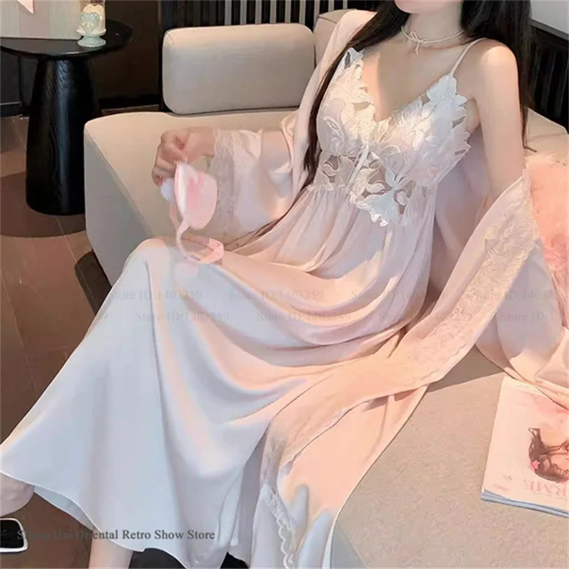 Elegant Female Long Robe Set Nightgown Silky Ice Silk Sleepwear Homewear SEXY Hollow Out Lace Nightdress Lingerie Loungewear