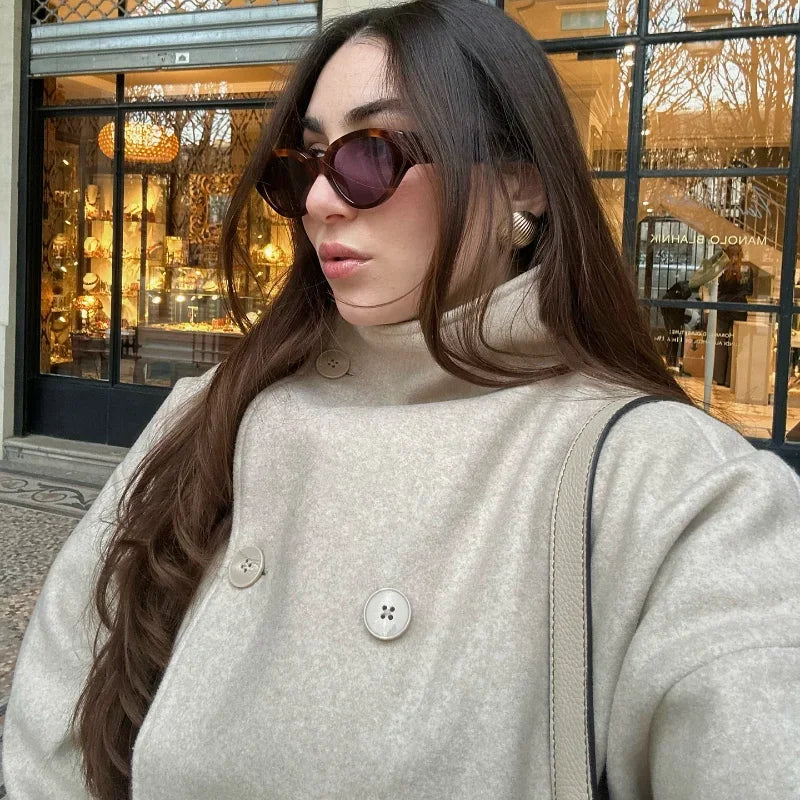 2025 Autumn Woolen Coats Women Casual Double Breasted Stand Collar Female Office Short Jackets Chic Lady Loose Street Outwear