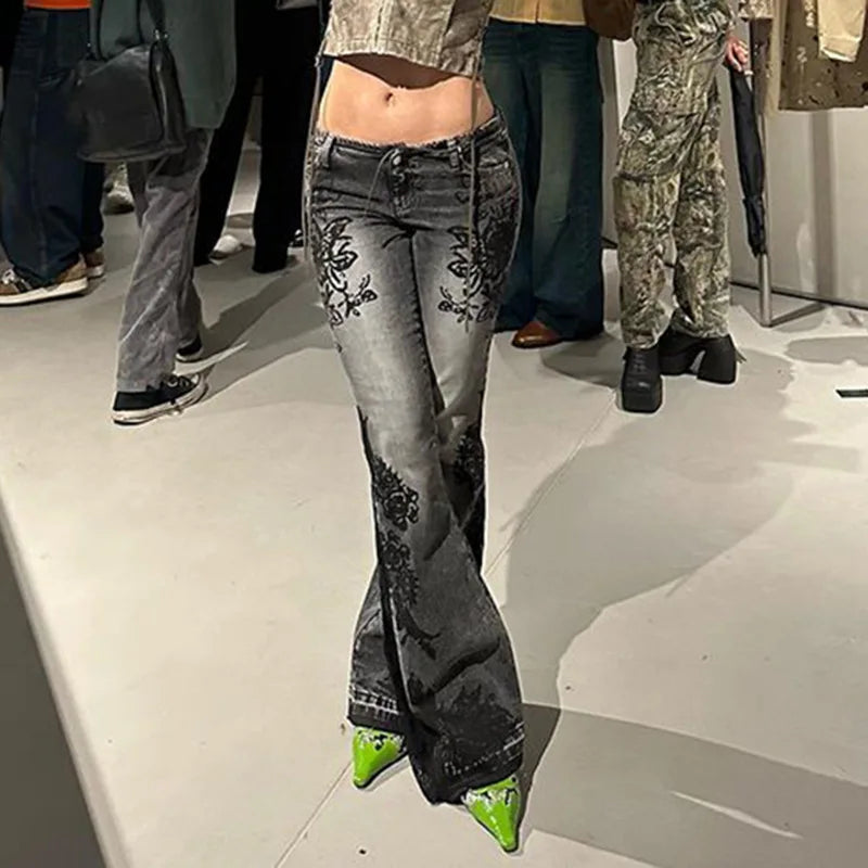 Women's Jeans  New American Retro Street Style Plant Print Washed Vintage Low-Rise Flare Pants Trendy Versatile