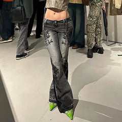 Women's Jeans  New American Retro Street Style Plant Print Washed Vintage Low-Rise Flare Pants Trendy Versatile