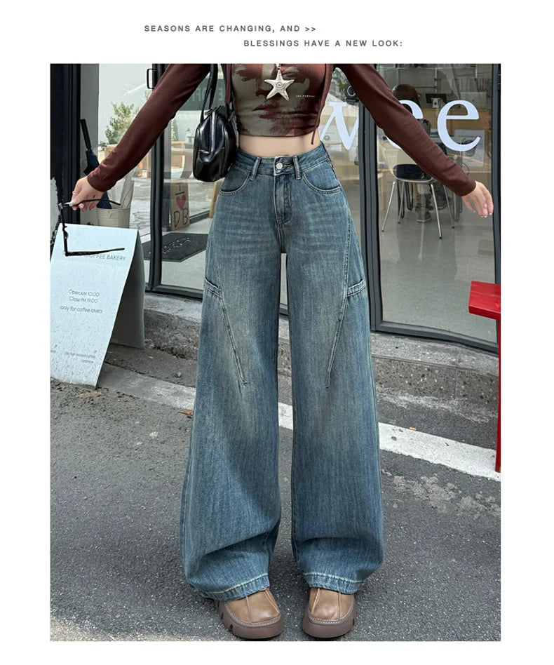 High Waisted Wide Leg Jeans Women Cotton Retro Denim Y2k Loose Fashion Design Sense Pant Streetwear Baggy Straight Trouser Woman