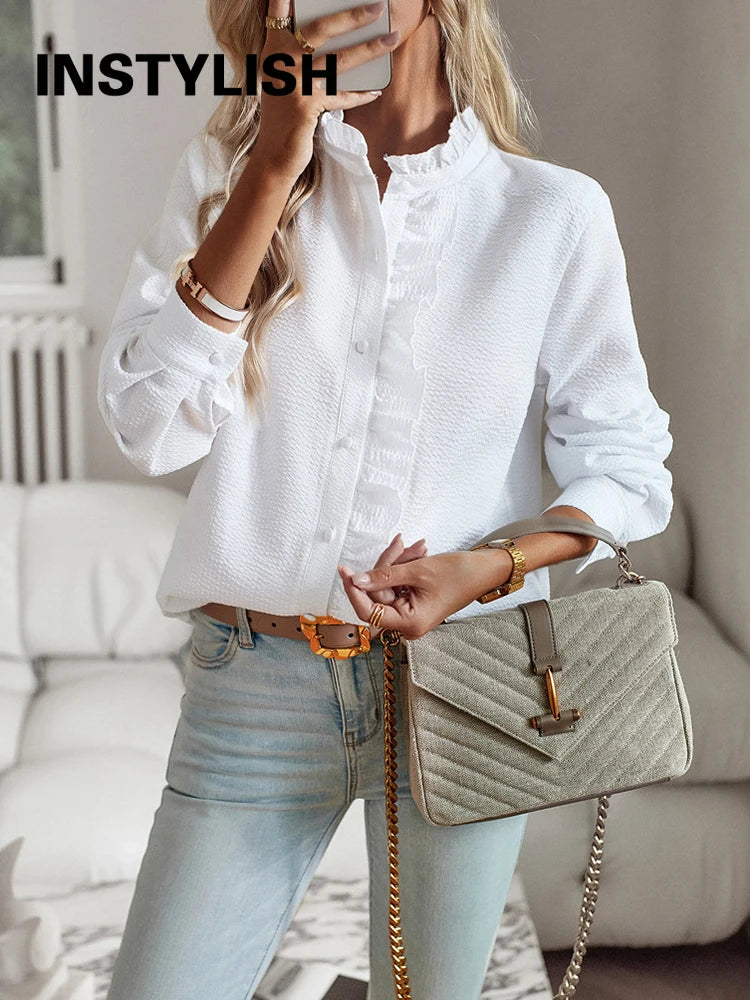 Women's Shirt Elegant Long Sleeve Ruched Stand Neck Office Lady Blouse Casual Button Shirts Harajuku Tunics Street Simple Tops