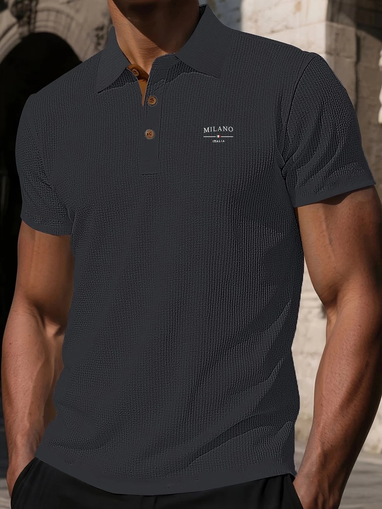 MILANO ITALIA Men's Textured Polo Shirt with Contrast Placket and Buttons