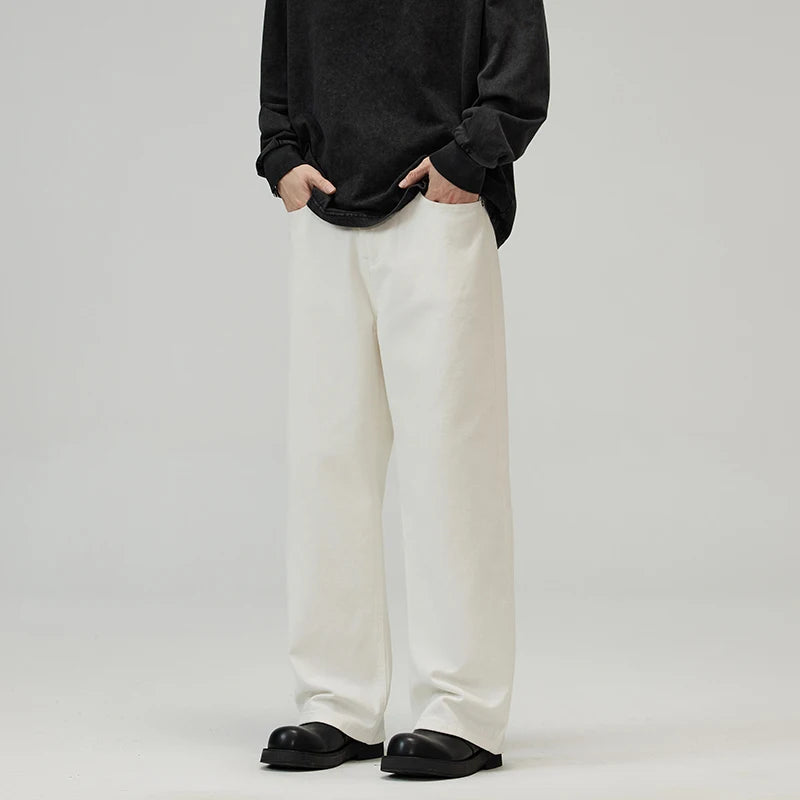 100％ Cotton Men's Baggy Straight Jeans Comfortable Soft Casual Pants Fashion Korean White Brown Denim Trousers Male Clothing