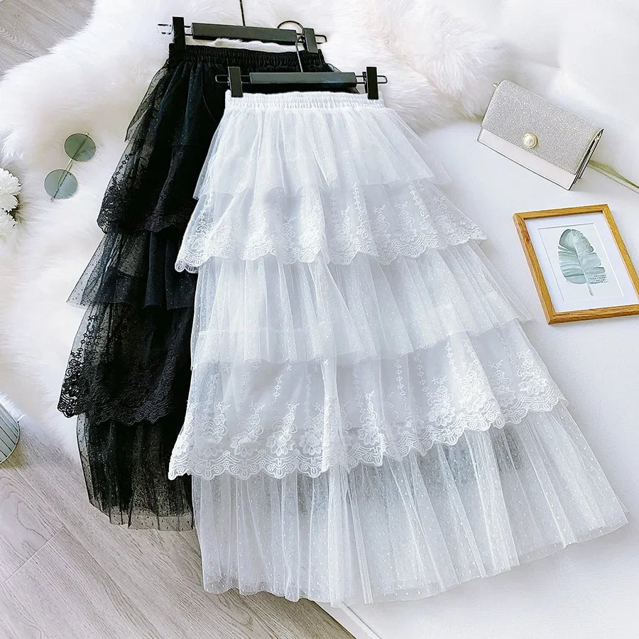 Women Skirts Cake-Style Skirt Spring Summer Fashion Lace Skirts Ladies High-Waisted Slimming Long Lace Skirt Elegant Tulle Skirt