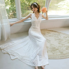 Women's Nightgown Luxury V Neck Sleeveless Night Dress Fashion Slim White Princess Long Dress Summer Ladies Sleepwear Vestido