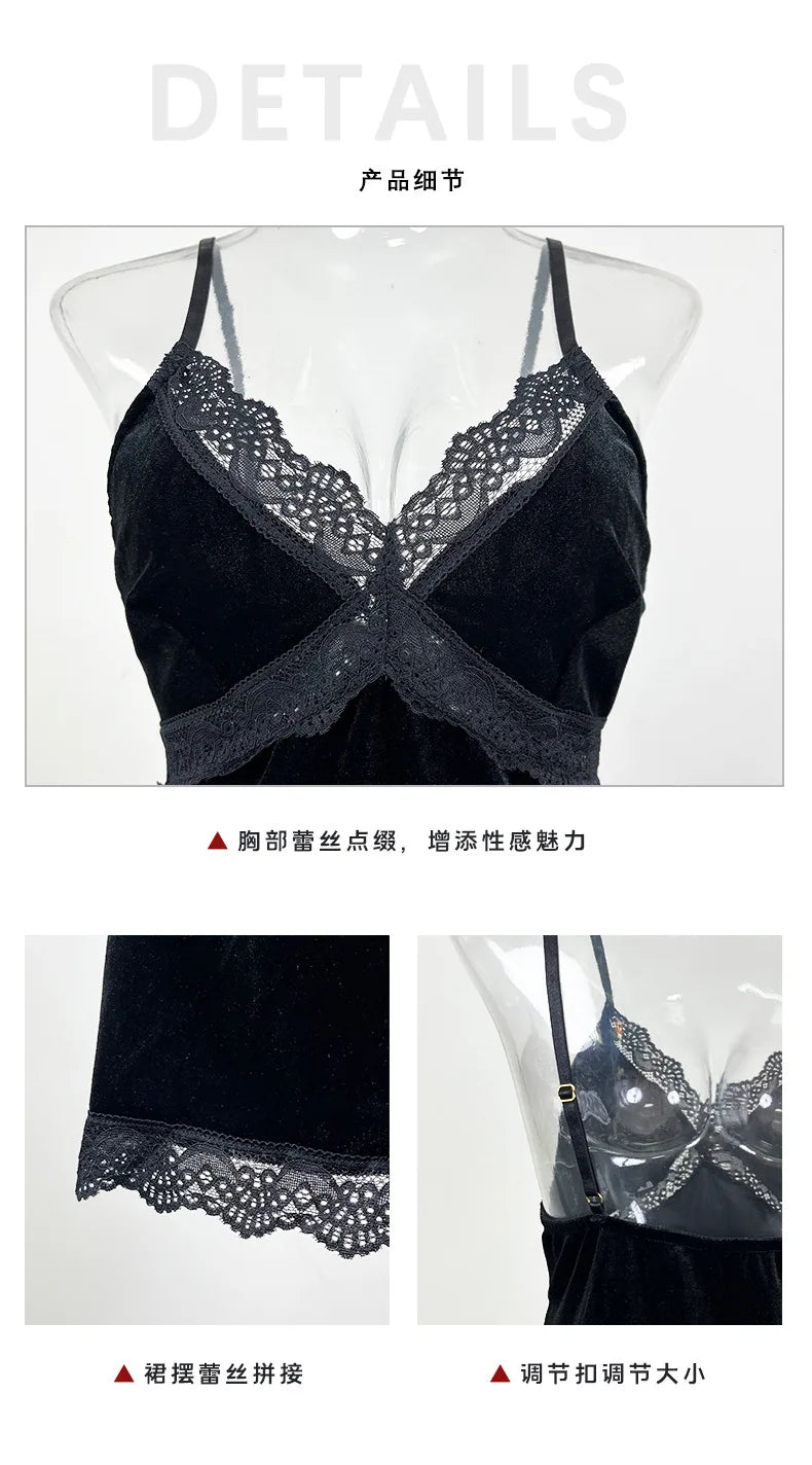 Women's Velvet Nightdress Sexy Deep V Nightgown Female Lace Patchwork Suspender Skirt Backless Adjustable shoulder strap Dress