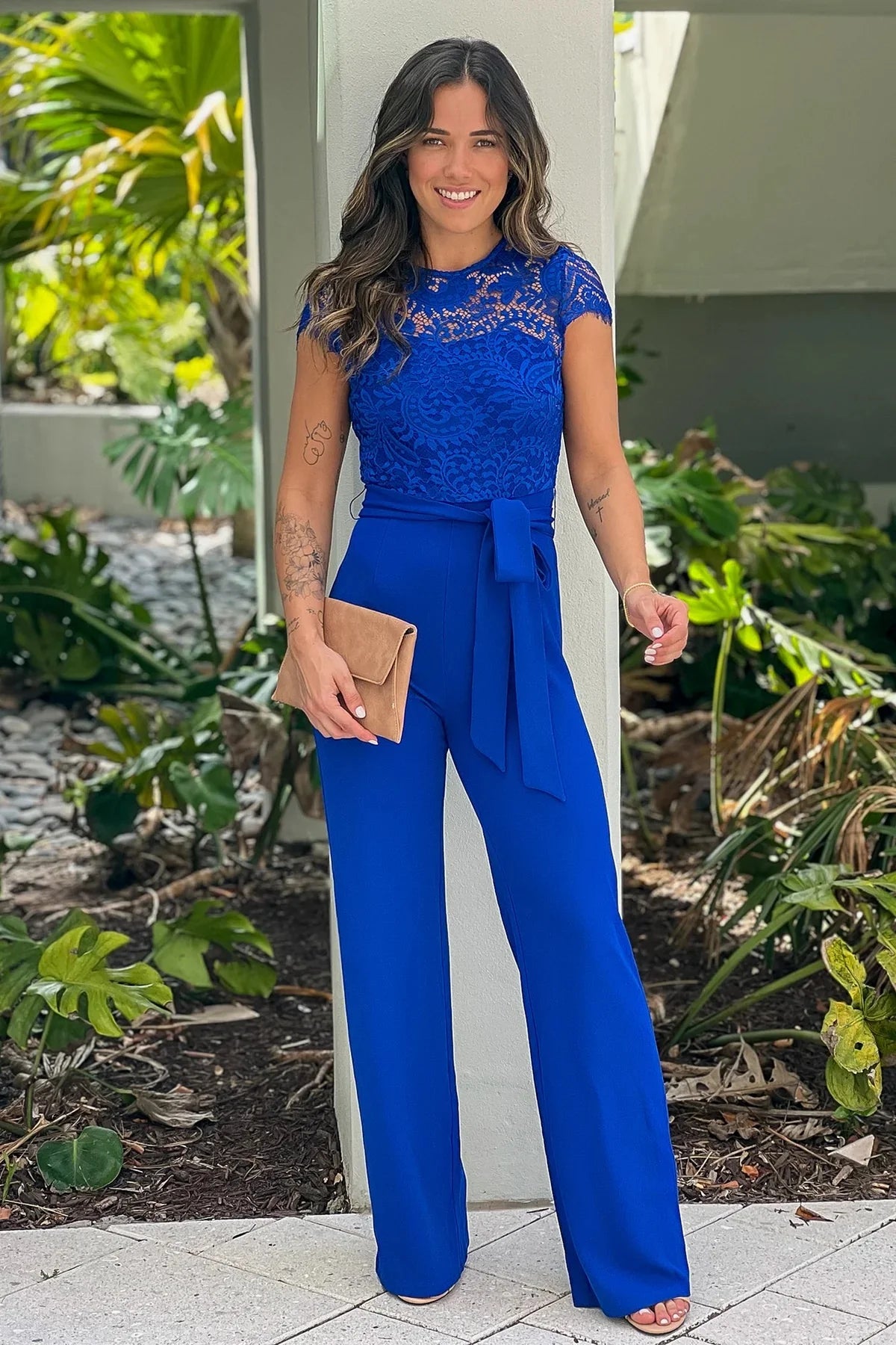 Jumpsuit Women Round Neck Lace Cap Sleeve Waist Tie Solid Wide Leg Elegant Party Wedding Guest Rompers