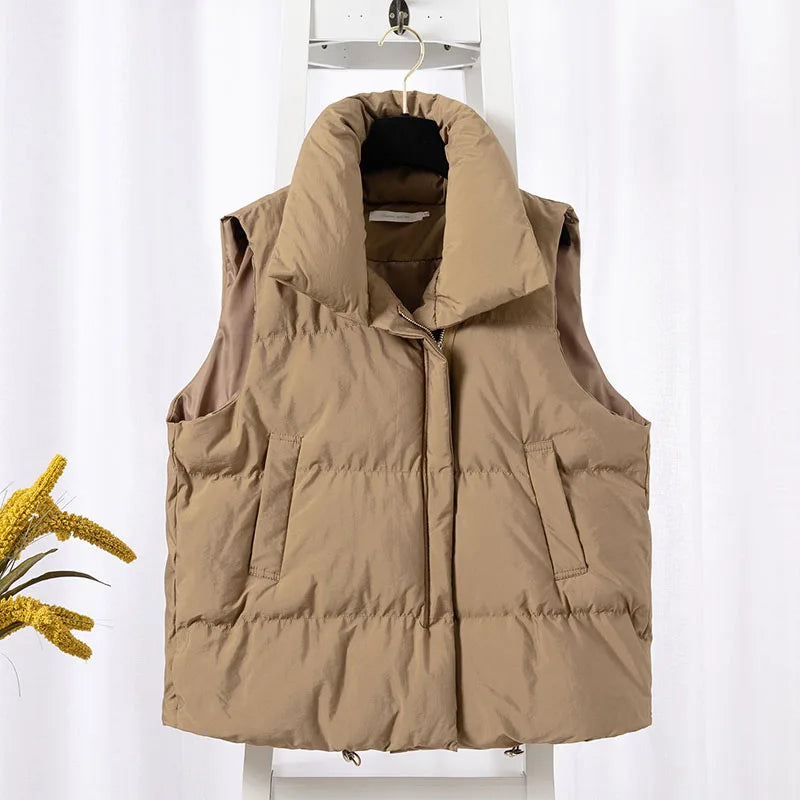 Women Fashion Autumn New 2026Stand Collar Elegant Down Coats Warm Outerwear Casual Belt Sleeveless Winter Women Vests Jackets