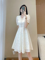 Elegant White Lace Puff Dress