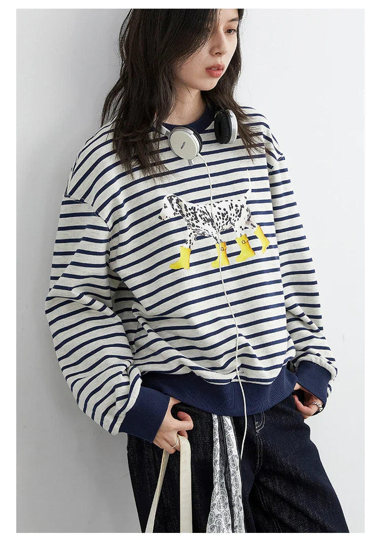 Striped Dog Print Loose Tee