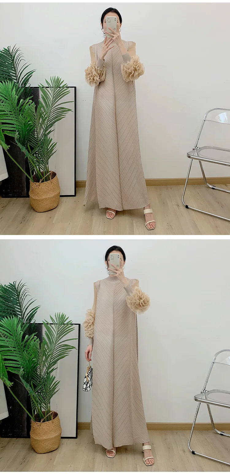 Women Elegant Evening Party Dresses 2025 Summer New Solid Colour Classic Long Sleeve Plate Flower Design Prom Dresses Female