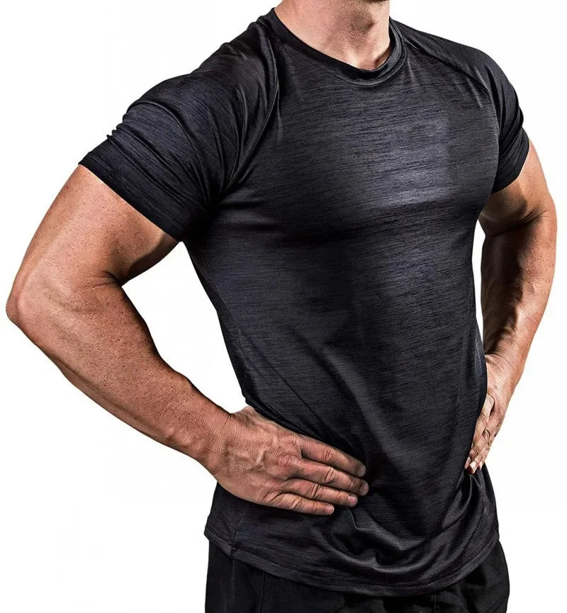Summer Gym T-shirts Men's Solid Fitness Clothing O-neck Short Sleeve Tops Breathable Slim Bodybuilding Workout Muscle Tees Male