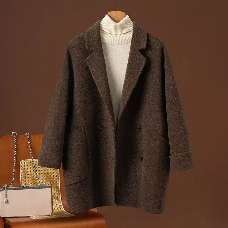 Women Double-sided Wool Coats Autumn Winter Korean Loose All-match Woolen Jacket Female Simple Solid Suit Collar Wool Jacket