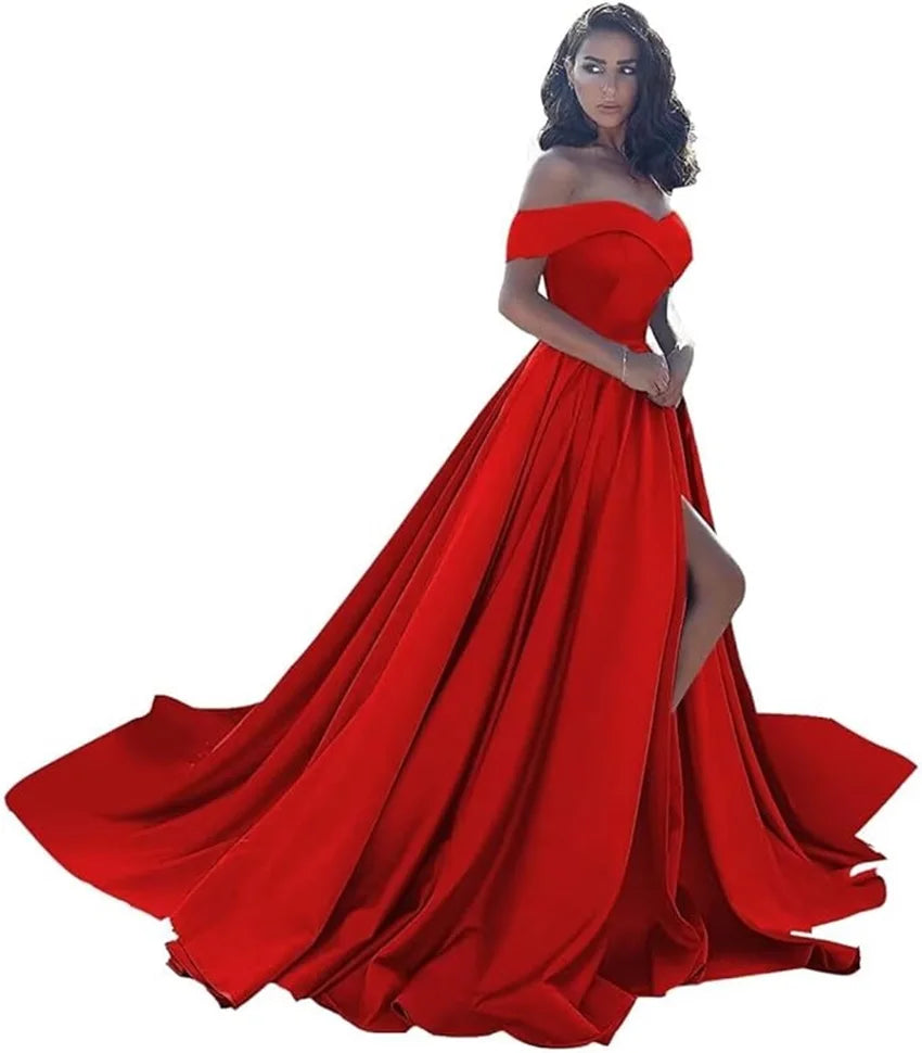 Simple Off Shoulder Satin Evening Gown
