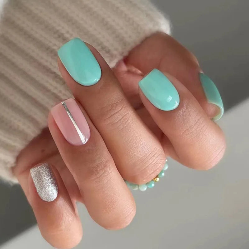 False Nail Full Cover Fake Nail Pink Glitter Wearable French Short Nails Square Head False Nail Press On Nails Manicure Tool