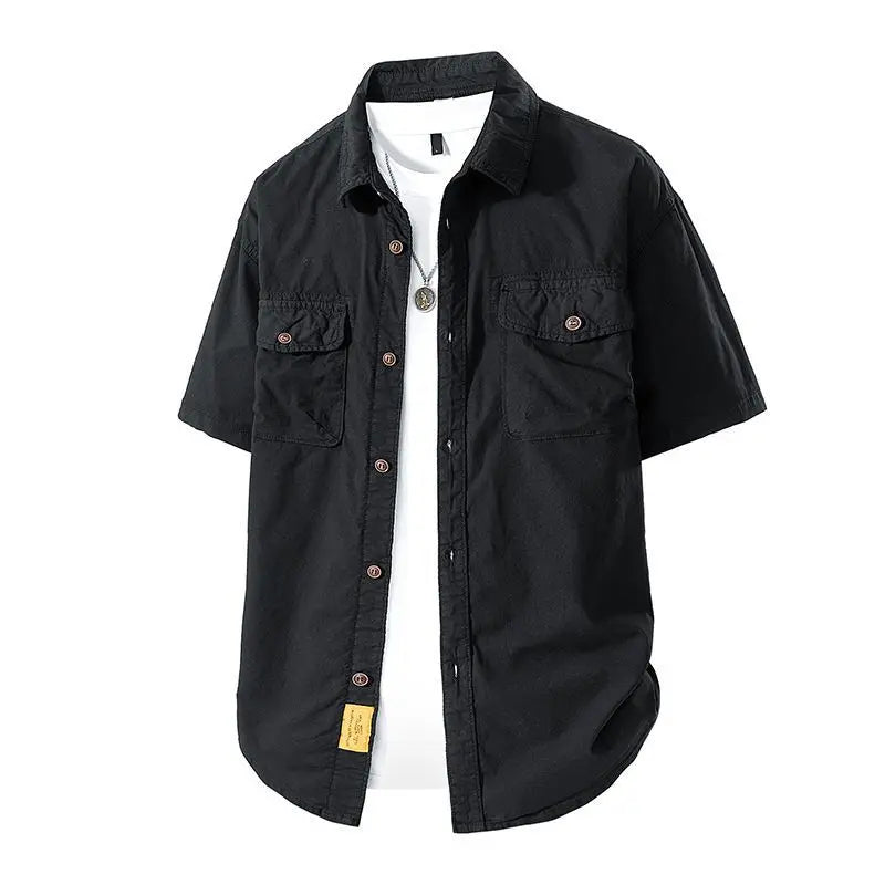 Workwear shirt for men summer loose and casual short-sleeved men American retro lapel coat trendy brand outdoor wear