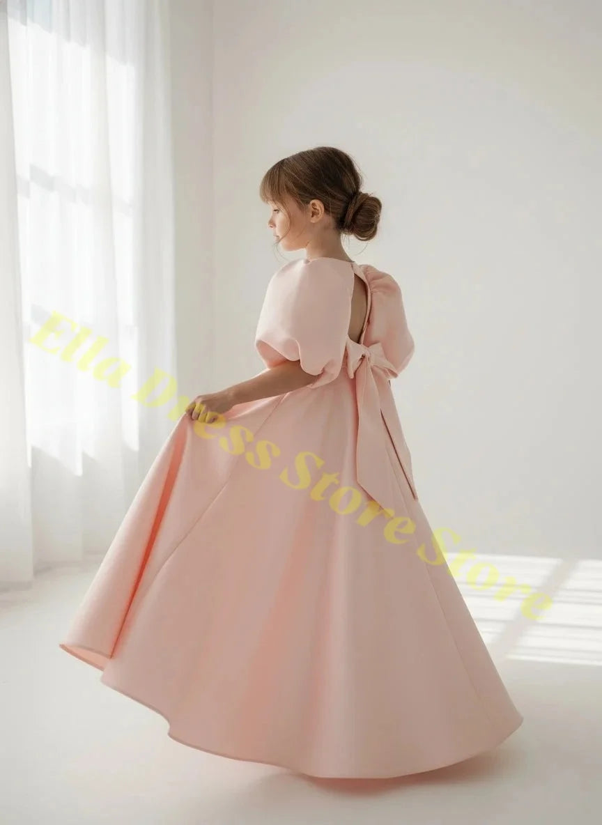Elegant Girls Wedding Party Dress Satin Flower Girl Dress Bows Half Sleeves Formal Gala Dresses for Bridesmaid Dress Wholesale