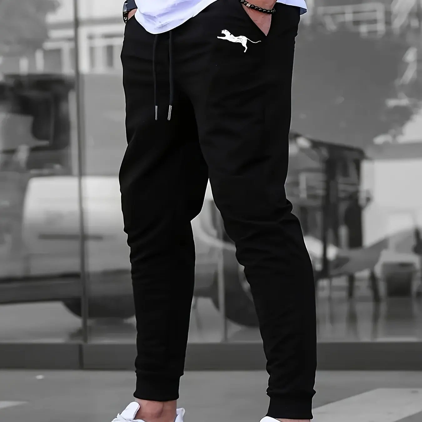Men's Summer Casual Joggers, Elastic Drawstring Waist and Cuffs, Logo Print, Loose Fit, Comfortable Fabric, Sports Pants