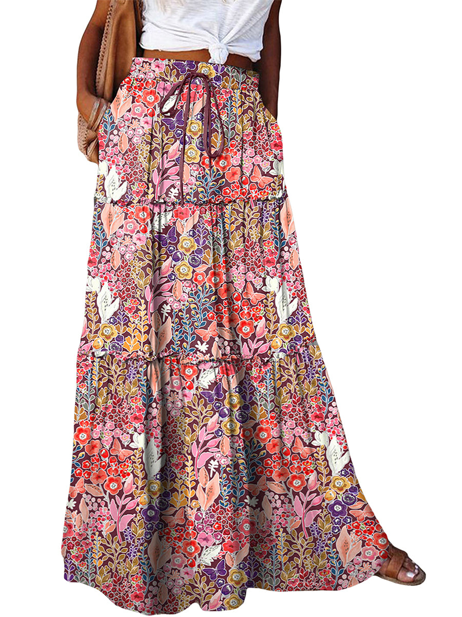 Women's Bohemian Skirts Vintage Elastic High Waist A-Line Skirts Tiered Long Skirts with Pockets