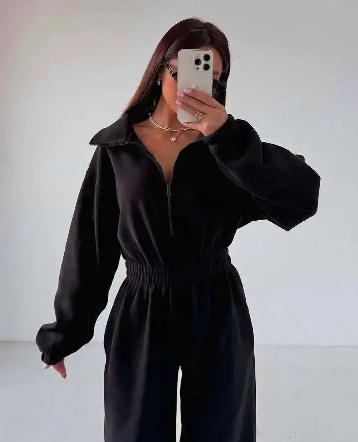 Jumpsuit Women 2026 New Fashionable Long Sleeved Jumpsuit for Women's Casual Half Open Collar Elastic Waist Jumpsuit